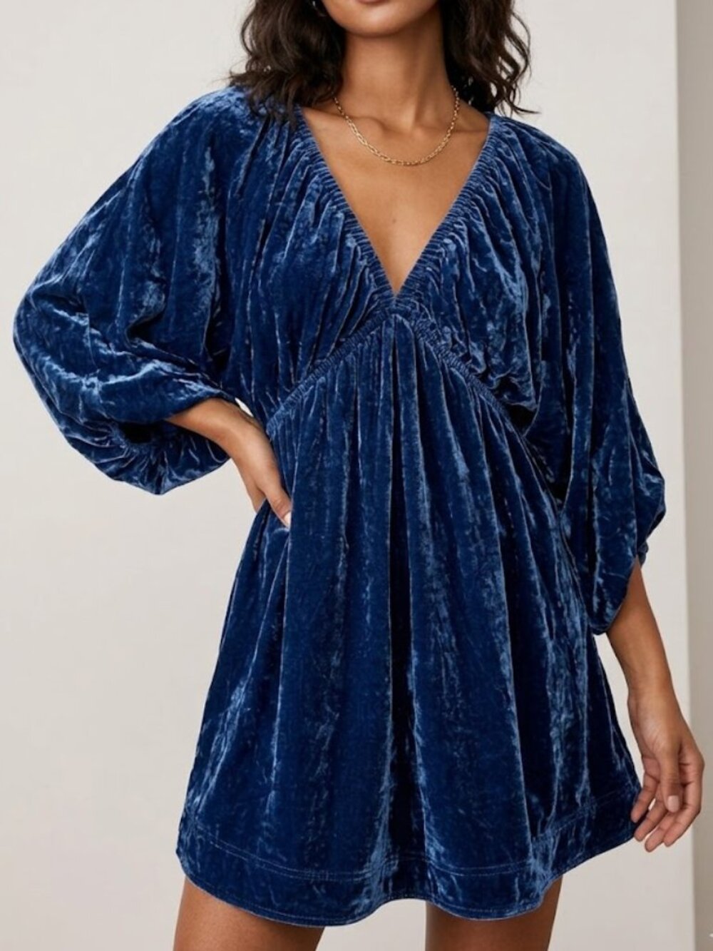 Free People Portia Velvet Dark teal indigo Blue balloon sleeve mini dress XS